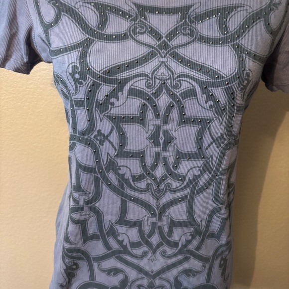 Skinny Minnie Top Large Charcoal Patterned Short-Sleeve Ribbed 100% Cotton Beads - Picture 3 of 14